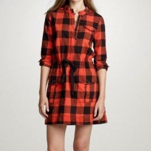 J. Crew Size 12 Black and Red Buffalo Check Plaid Shirtdress, Drawstring Waist - Picture 1 of 13